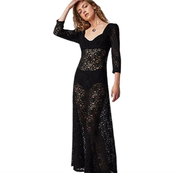 Free People Adored Black Lace Maxi Dress Sz Small NWT Whimsigoth Dark Romantic - Picture 2 of 14